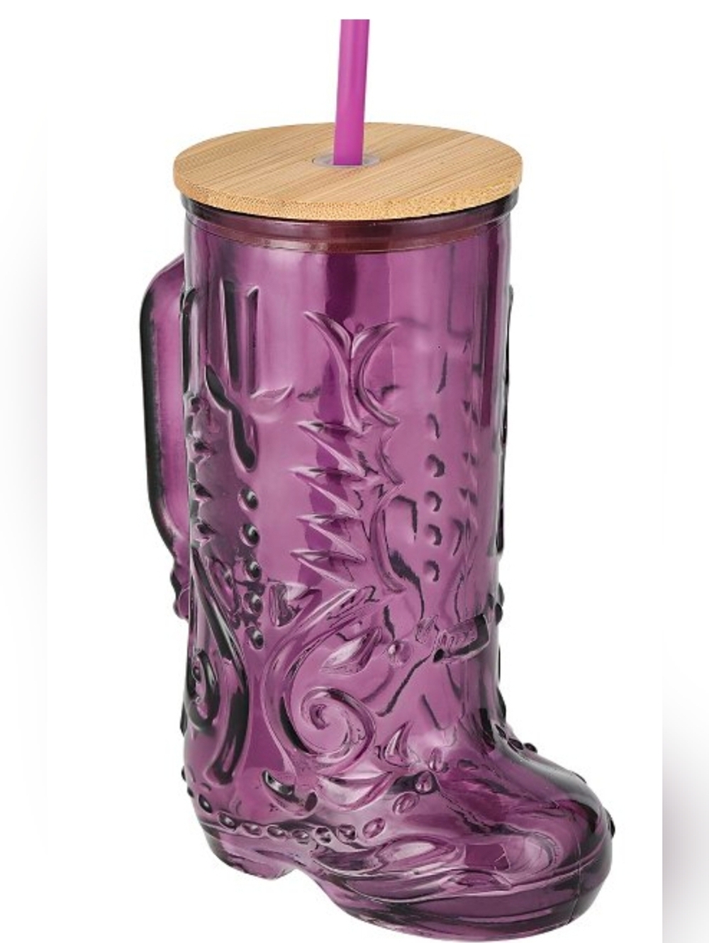 Destination Holiday Purple Cowboy Boot Drinking Glass Wood Lid (No Straw) 21oz